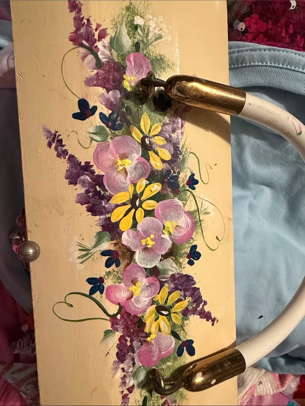 Vintage wooden purse with mirror in lid and hair accessories